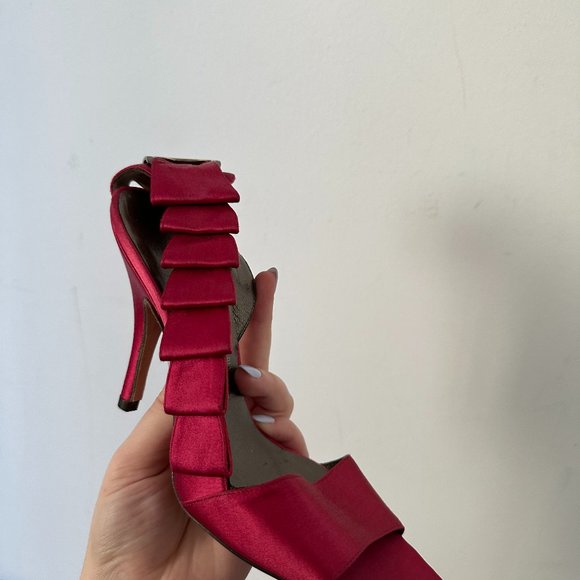 Salvatore Ferragamo High Heel Sandals Side Ruffle Slingback Red Satin - Picture 4 of 5